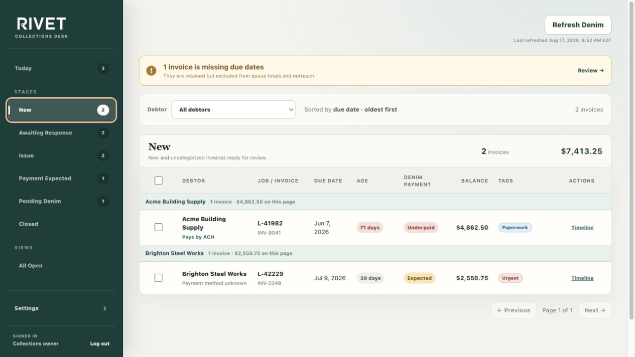 Rivet New queue showing invoices grouped by debtor